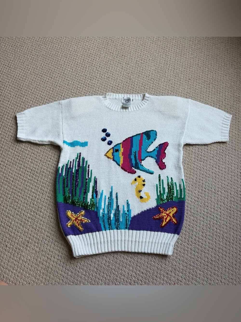 Vintage Grandma Sweaters Large Womens Aquatic Fish Print Pullover Knit Ocean 90s